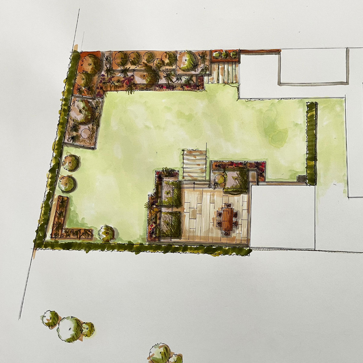 handgezeichnete Zeichnung zur Gartenplanung im Erzgebirge