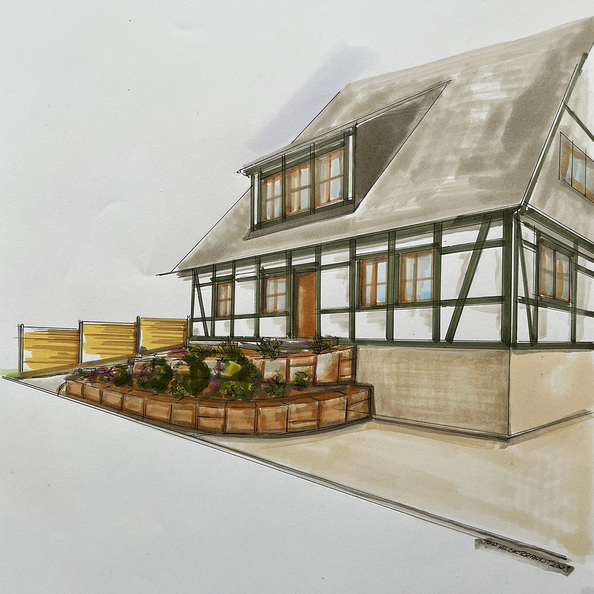 handgezeichneter Entwurf der Außenanlagen vor einem Fachwerkhaus im Erzgebirgskreis