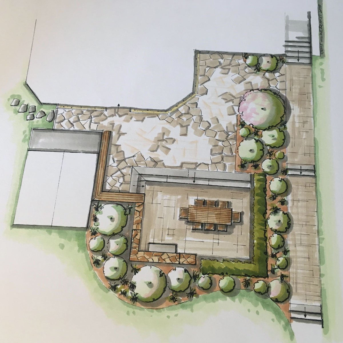 handgezeichnete Zeichnung zur Planung Ihres neuen Gartens im Erzgebirge